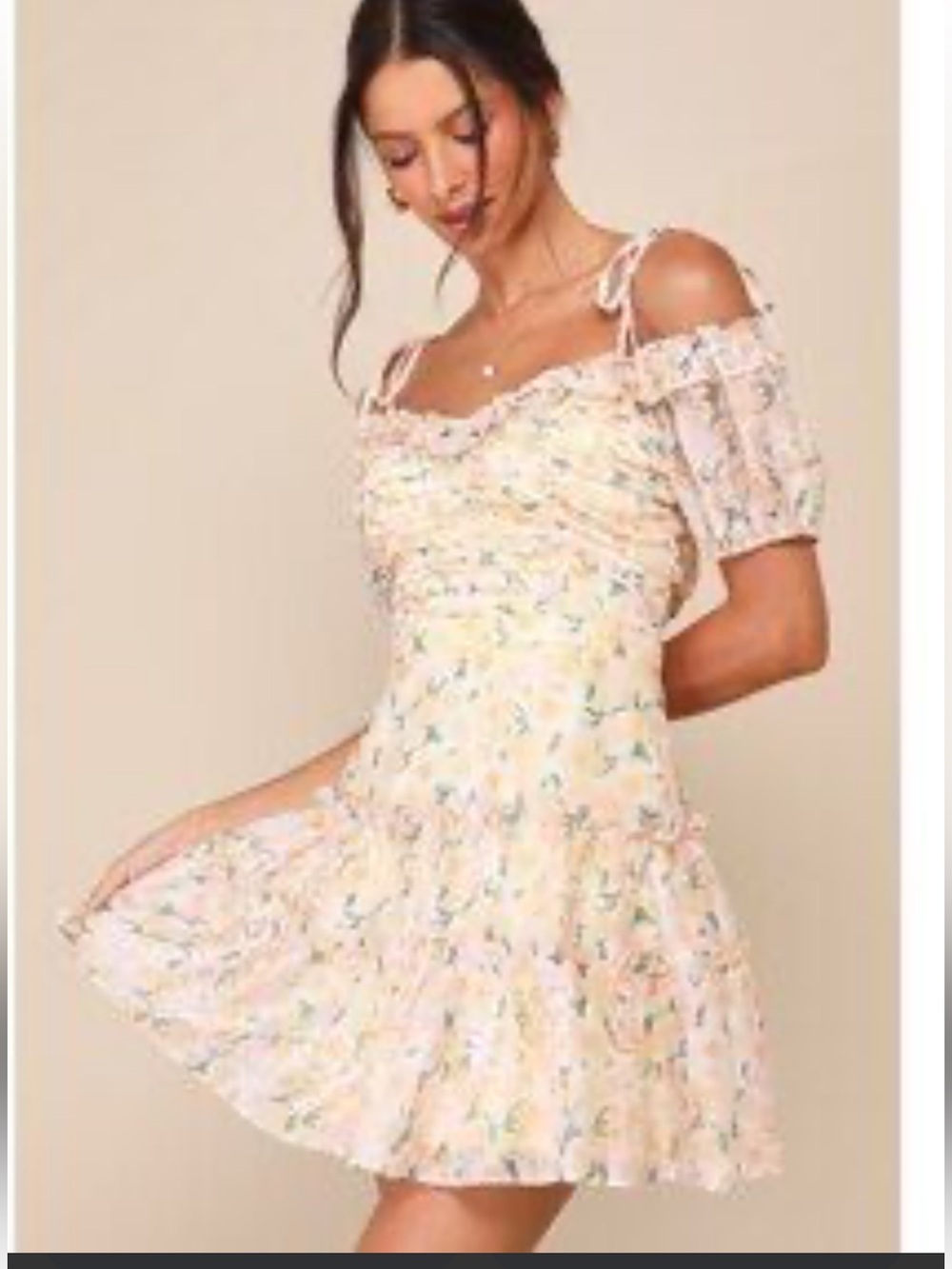 NEW Lulus Floral Ruched Mini Dress in Peach and Cream